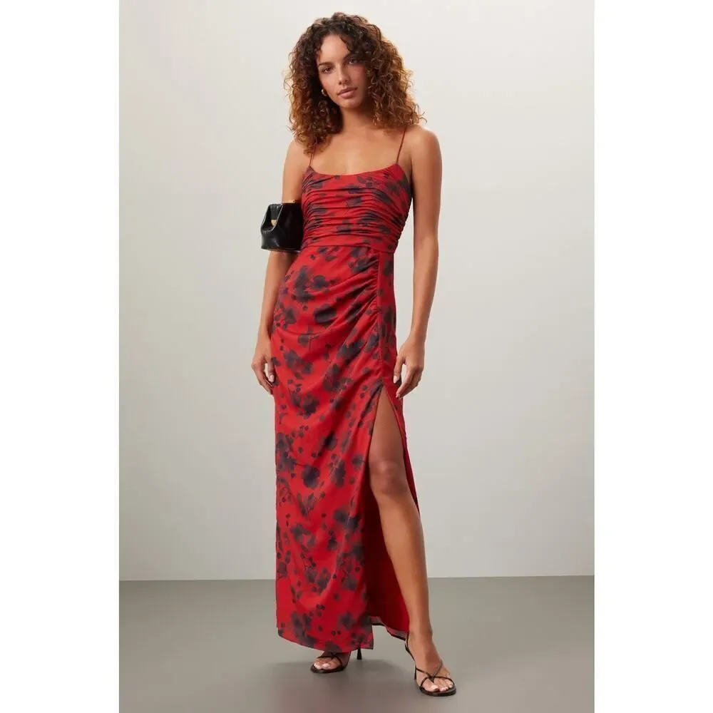 Hutch Red Floral Satin Maxi Dress Ruched Slit Gown Size 14 Lined Elegant